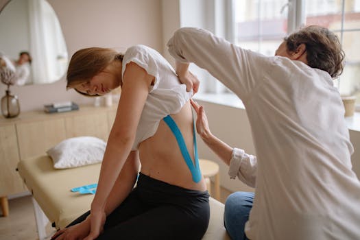 Chiropractor uses kinesio tape for pain relief on woman's back in a therapy session.