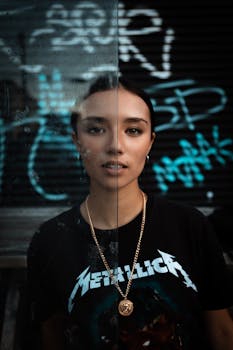 Dramatic portrait of a young woman with graffiti, showcasing urban style.