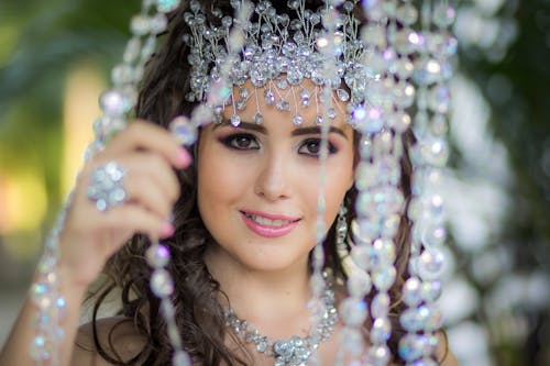 A Young Woman Wearing Crystal Jewelries