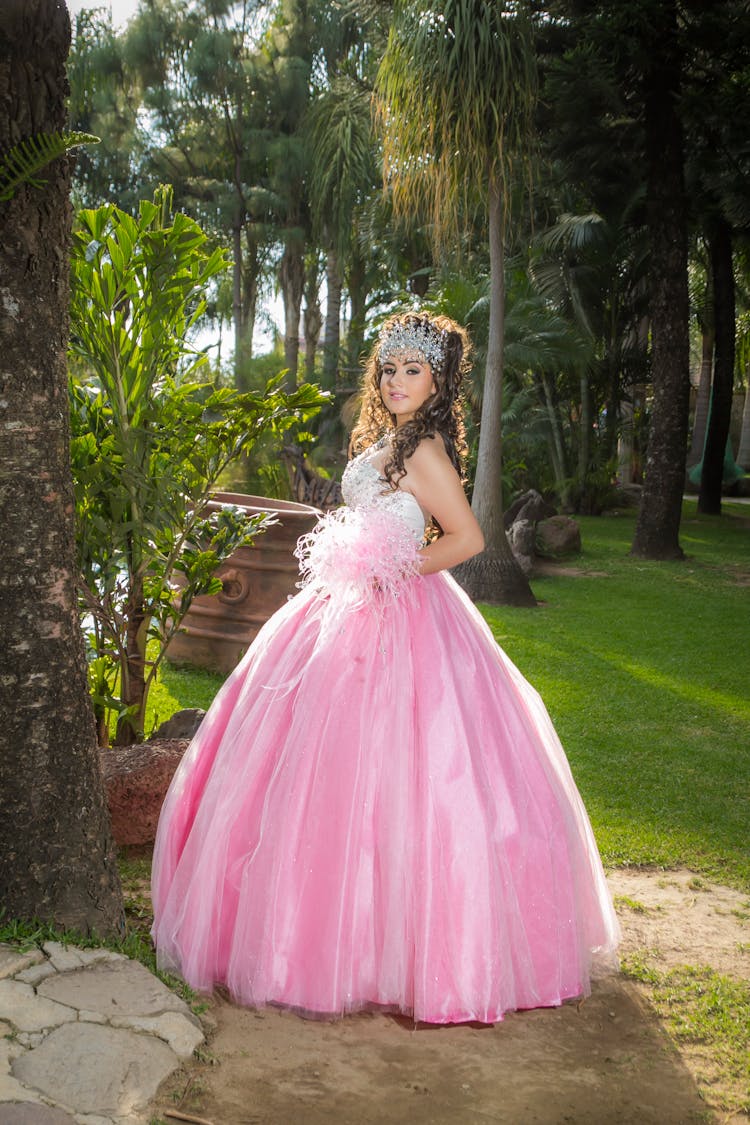 A Young Girl Wearing Crystal Tiara And A Beautiful Dress