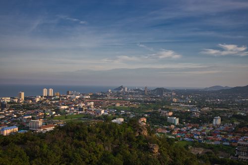 Free Panoramic aerial view of Hua Hin, Thailand with cityscape and ocean in the distance. Stock Photo