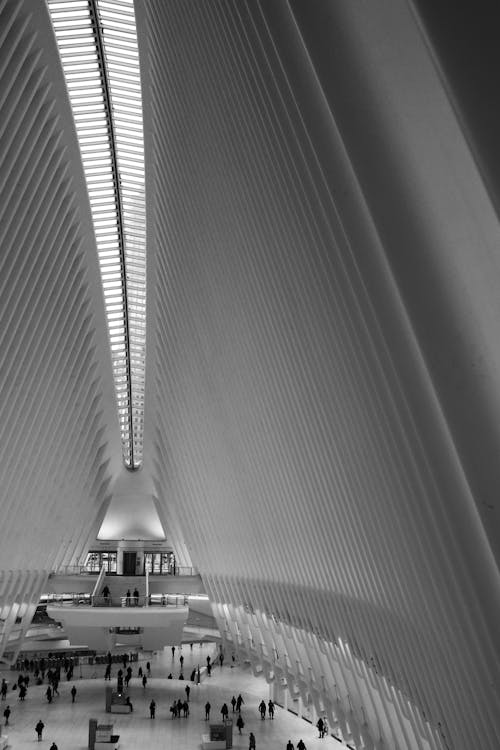 Grayscale Photo of People Inside Oculus Building in 