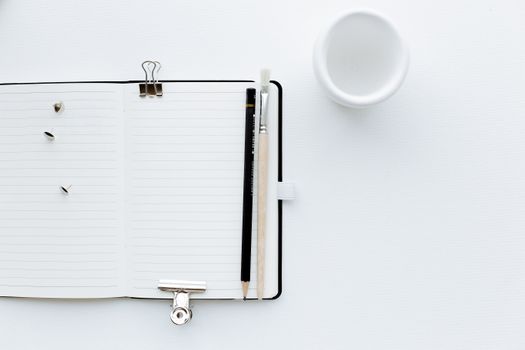 Top view composition of opened diary with blank pages placed on white desk with pencil and paintbrush pins