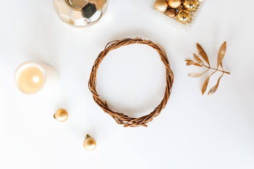 Set of Christmas tree decorations on white table