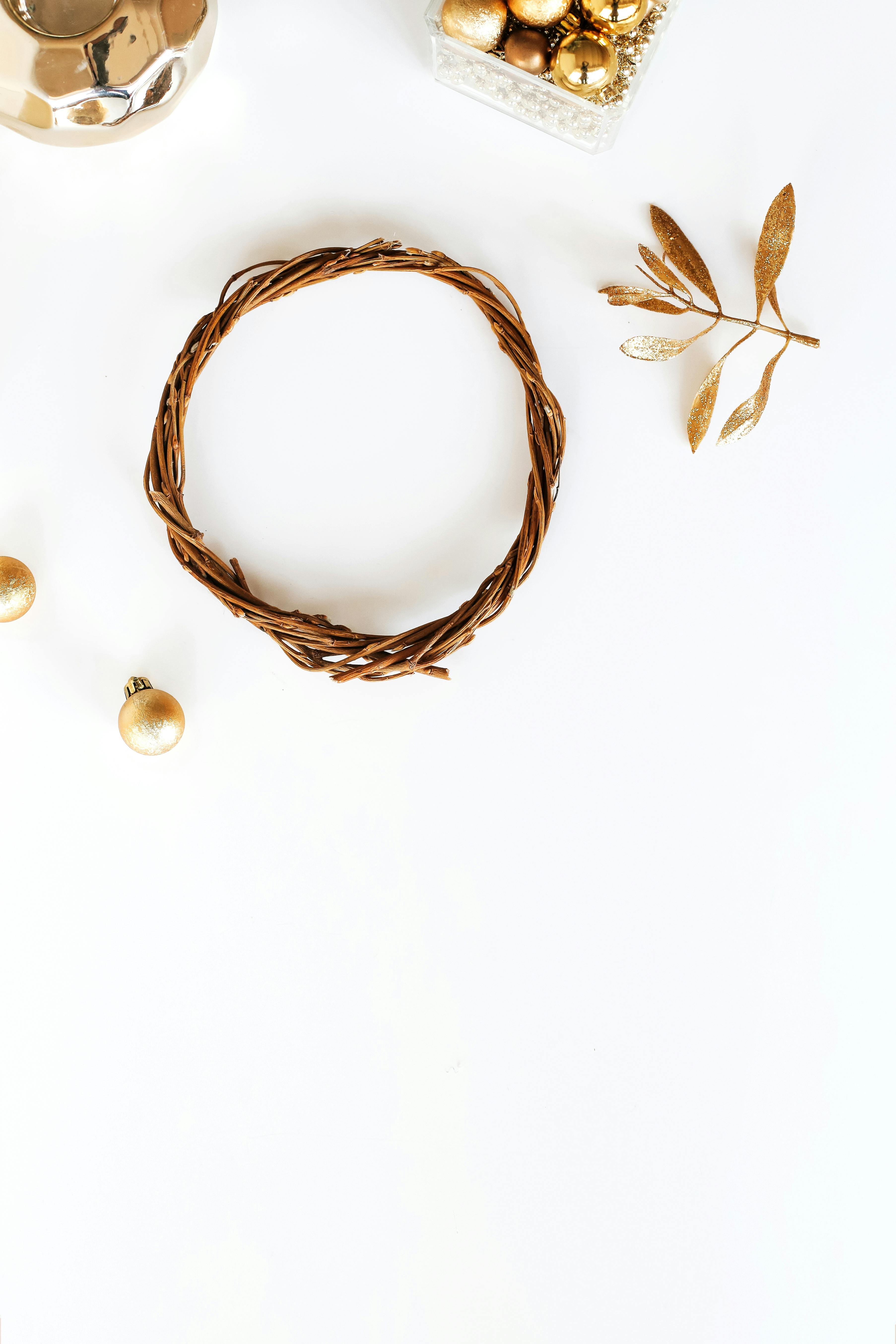 ornaments and a wreath on a white background