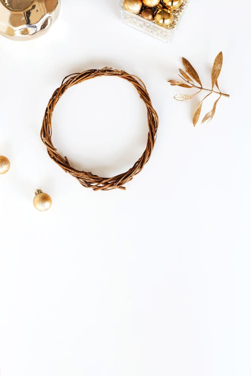 Free Ornaments and a Wreath on a White Background Stock Photo