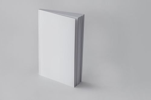Free Elegant minimalist mockup of a standing blank white book against a gray background. Stock Photo