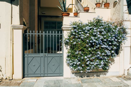 Elegant house entrance with flowers and a stylish metal gate, creating a picturesque and inviting facade.