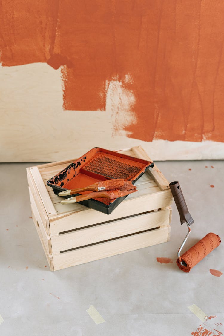 Painting Materials On Wooden Crate 