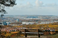 A Bench Overlooking a Scenic View of a Cropland and a City