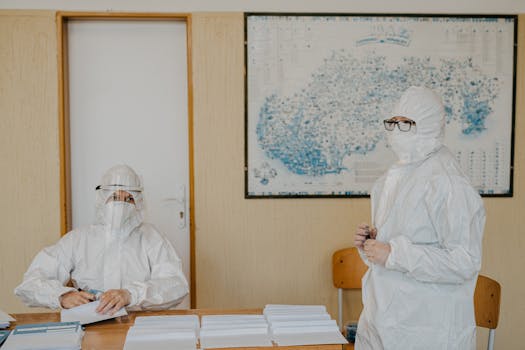 Healthcare workers in protective gear working indoors amid pandemic setting.