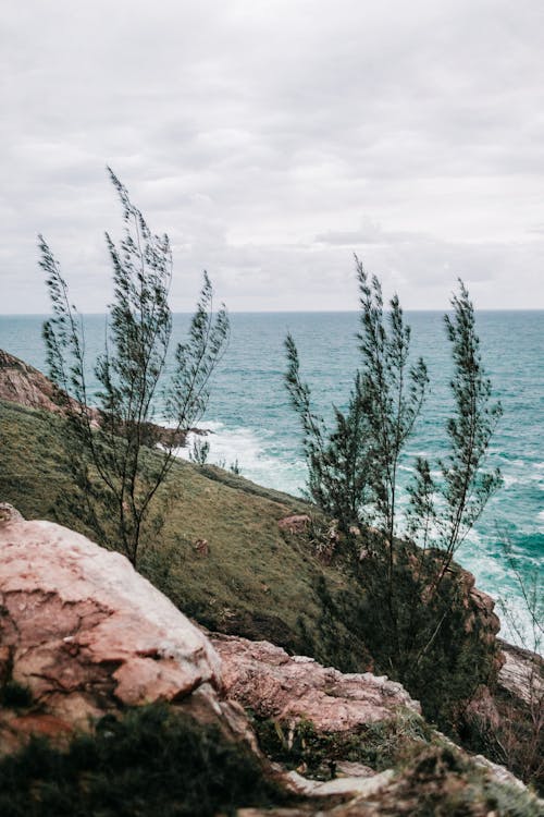 Rocky hill slope covered with green moss near powerful turquoise ocean with foamy waves against cloudy sky