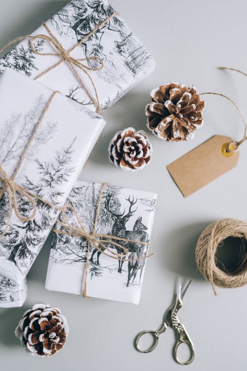 Free Overhead view of wrapped Christmas gifts with pine cones and twine, evoking a rustic holiday atmosphere. Stock Photo