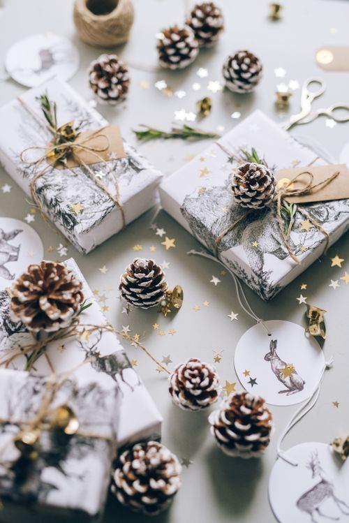 Free Elegant Christmas-themed gift wrapping with pine cones and stars. Perfect for holiday inspiration. Stock Photo