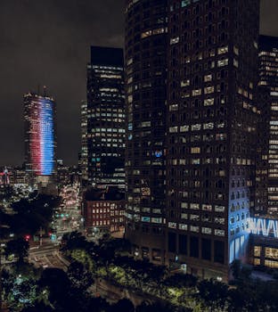 A captivating nighttime cityscape featuring illuminated skyscrapers and bustling urban life.