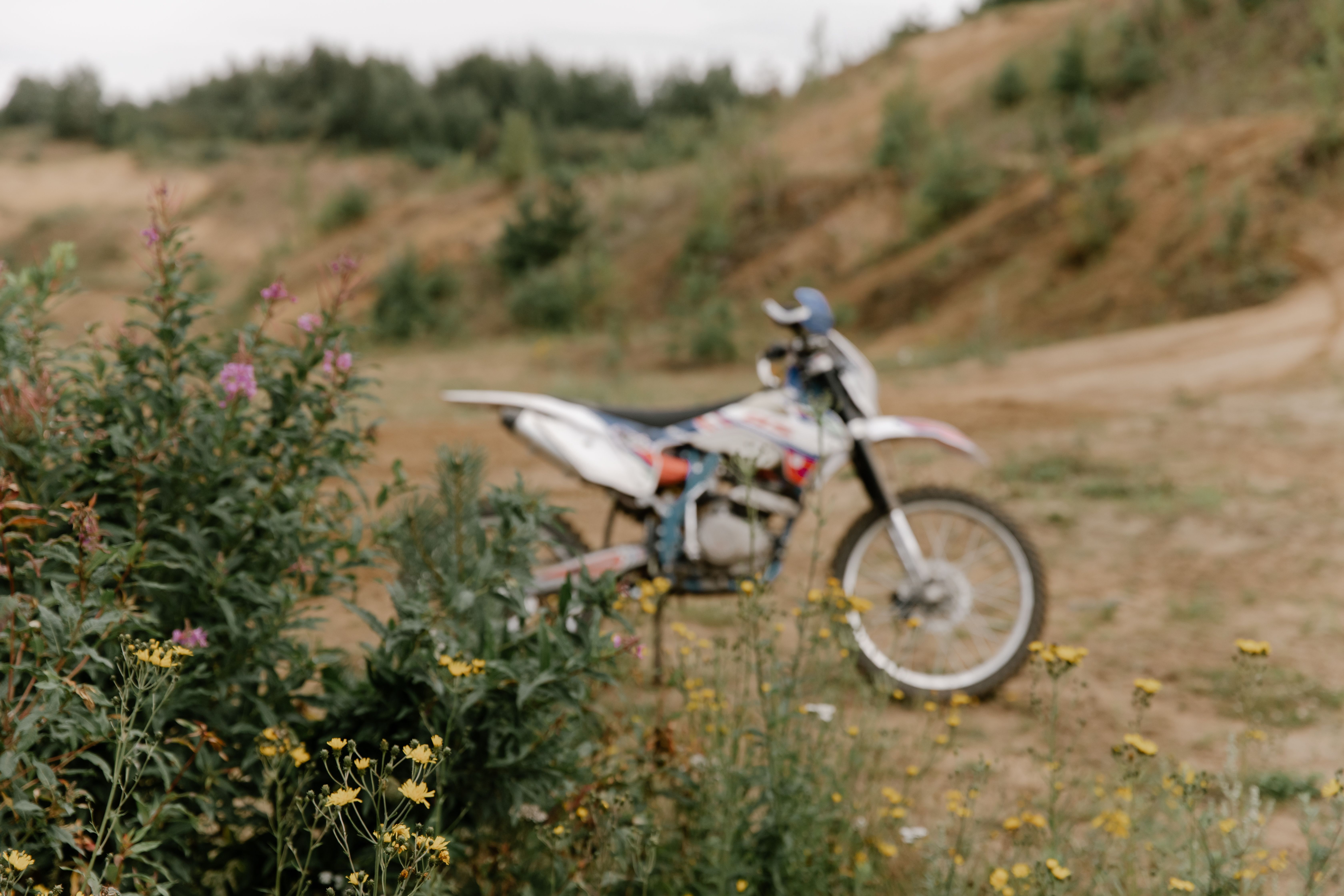 A dirt bike parked in a natural landscape with wildflowers, evoking a sense of adventure.
