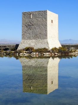 Historical Torre del Tamarit with serene water reflection in Spain's landscape.