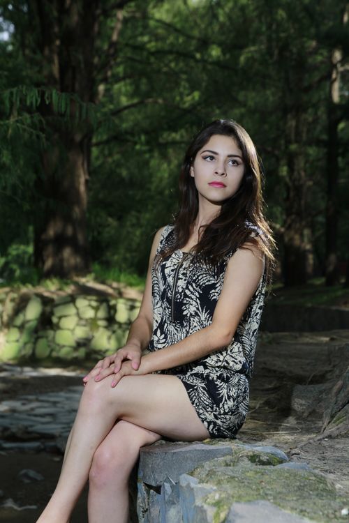 Free Portrait of a woman sitting outdoors in a forest, exuding elegance and natural beauty. Stock Photo