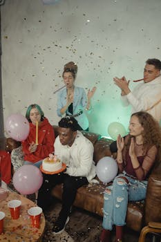 Group of young adults enjoying a vibrant birthday party with cake, balloons, and confetti indoors.