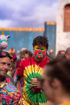 Vibrant image of a man at a festival with face paint and tie-dye shirt, capturing lively party vibes.