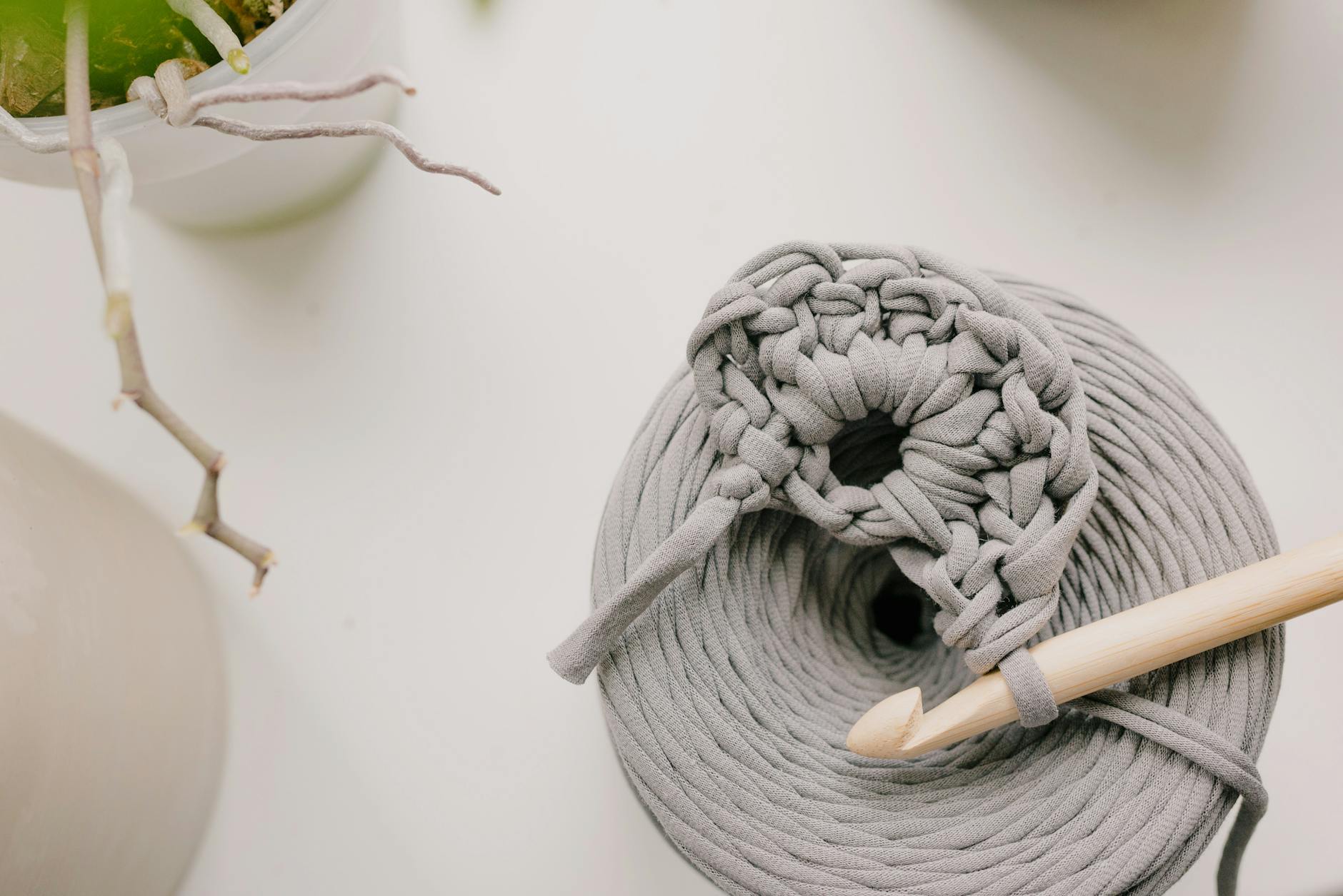 Gray crochet yarn with hook on a white surface near a houseplant.