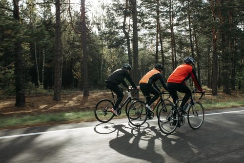 Free Three cyclists riding on a forest road, showcasing outdoor sports and fitness lifestyle. Stock Photo