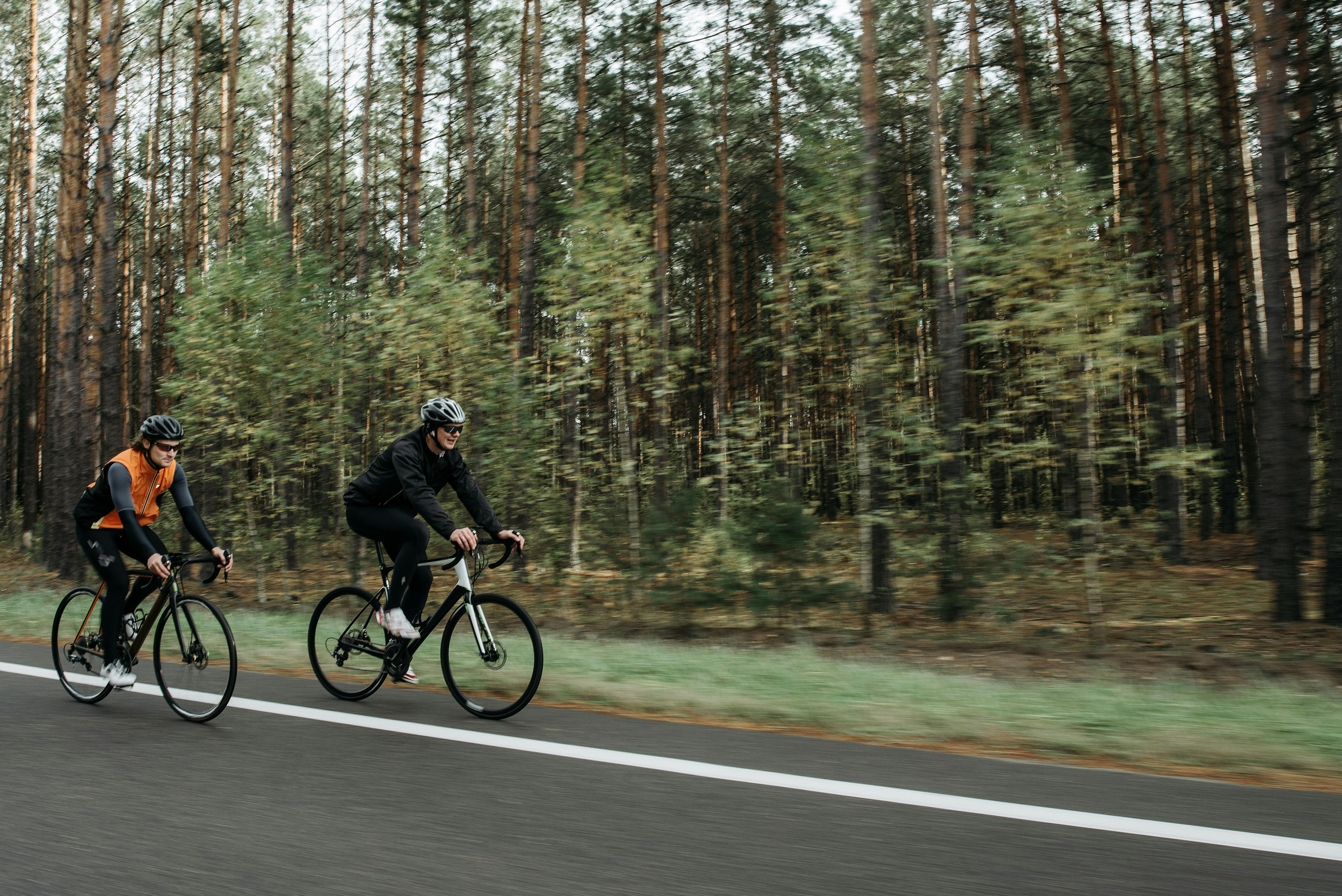 Two cyclists riding on a road through a dense forest. Perfect for active lifestyle themes.