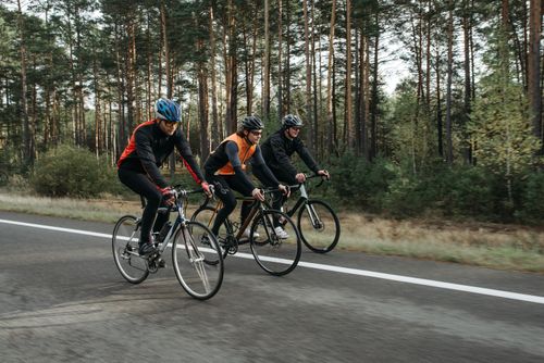 Free Three cyclists pedal on a forest road, engaging in outdoor sports and recreation. Stock Photo