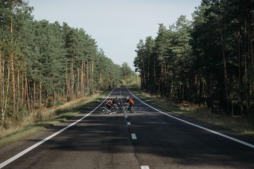 Free Group of cyclists enjoying a ride on an open road through a picturesque forest setting. Stock Photo