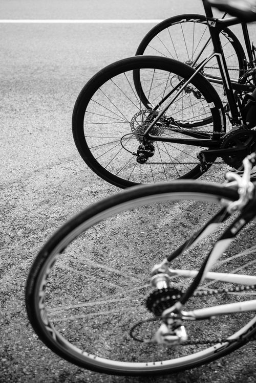 Free Artistic monochrome view of bicycle wheels lined up on a street. Stock Photo