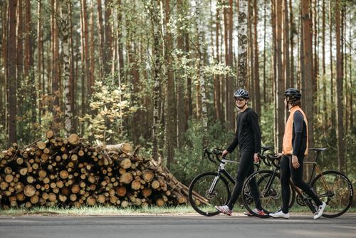 Free Two cyclists pause beside a stack of logs in a forest, enjoying a moment outdoors. Stock Photo