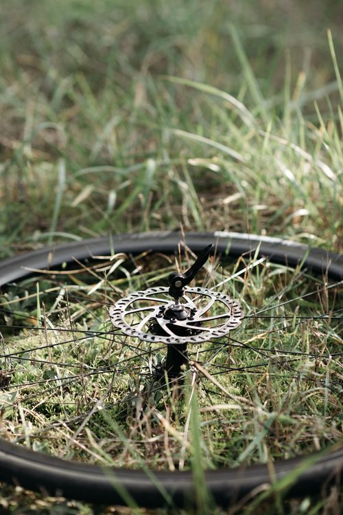 Free Bicycle wheel with sprocket resting on a grassy field, showcasing texture and detail. Stock Photo