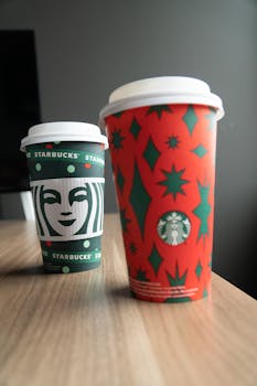 Plastic coffee cups for break placed on wooden table in cafe in daylight