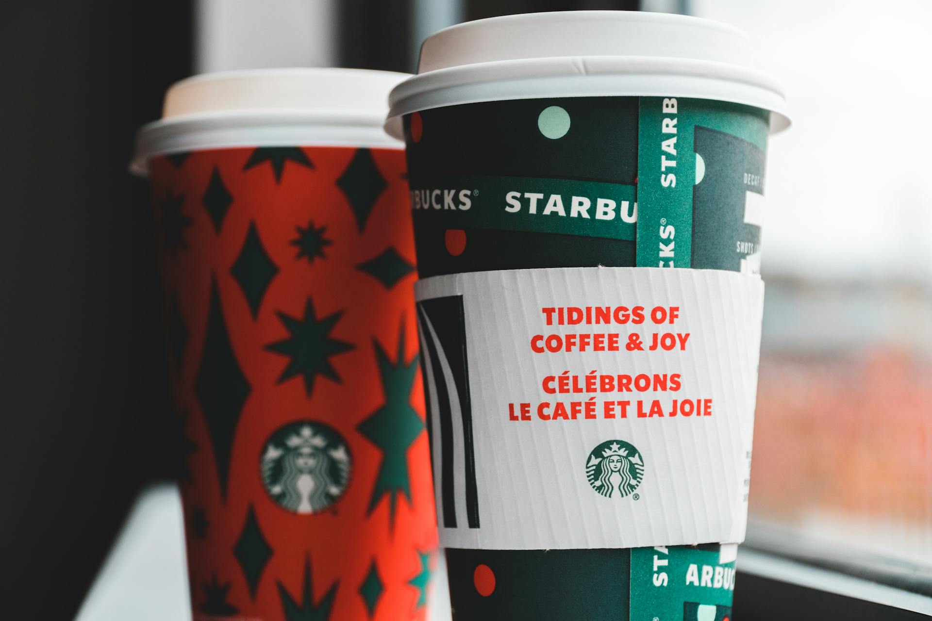 Green and Red Starbucks Coffee Cups