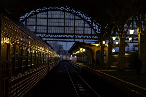 Train in railroad station in twilight