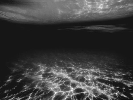 A serene underwater scene with light reflections in monochrome tones, evoking tranquility.