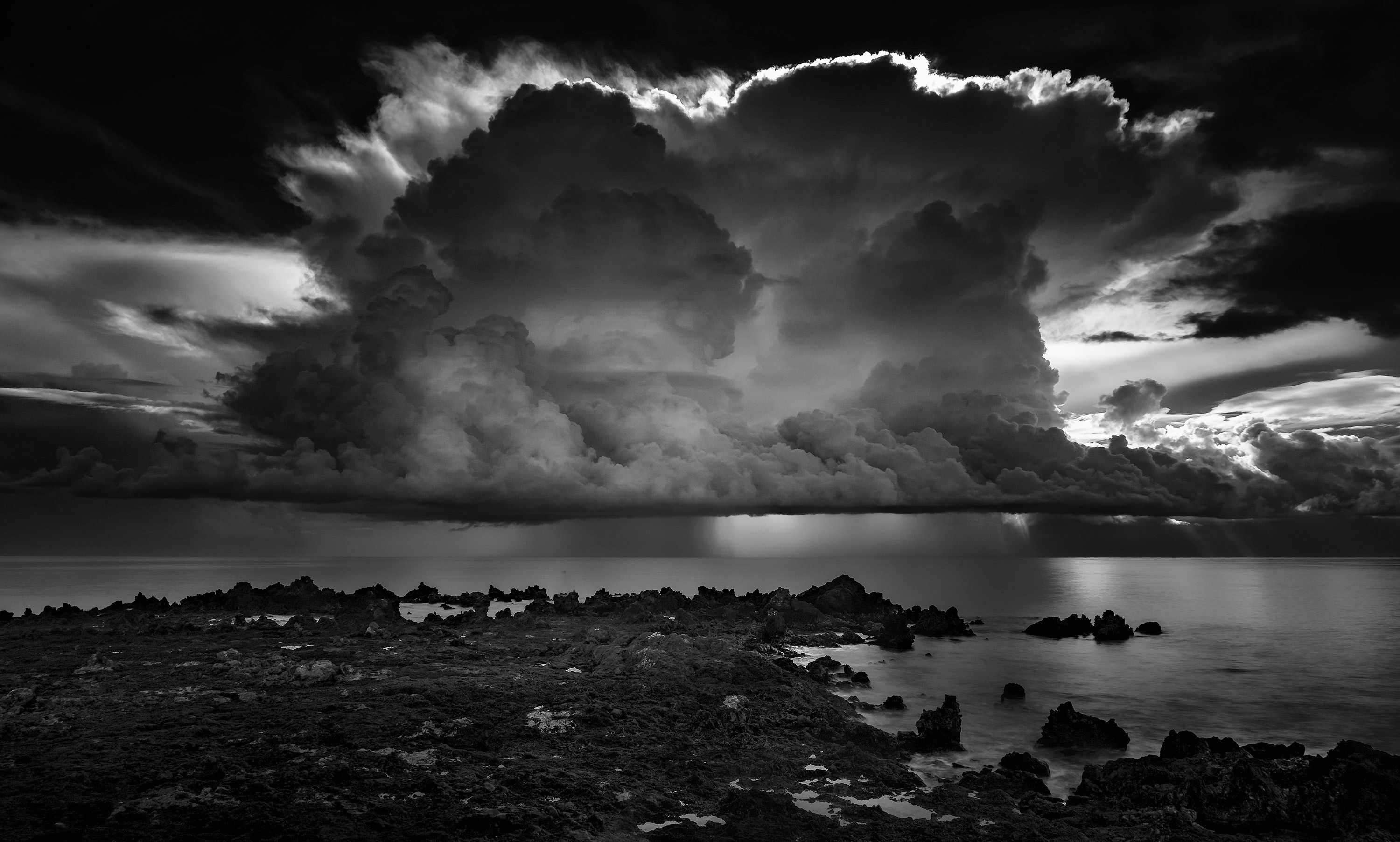 Dramatic black-and-white coastal landscape with towering clouds above rocky shore.