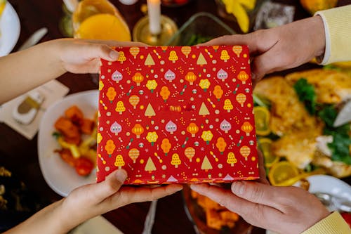 Close-Up Shot of Two People Holding a Wrapped Gift