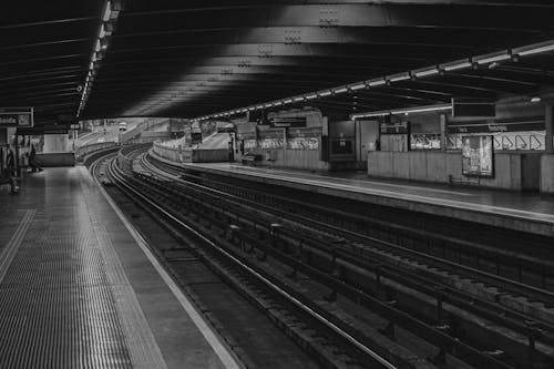 Grayscale Photo of Train Station