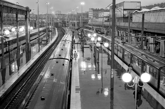 Black and white image of a Paris train station in the rain with trains and passengers.