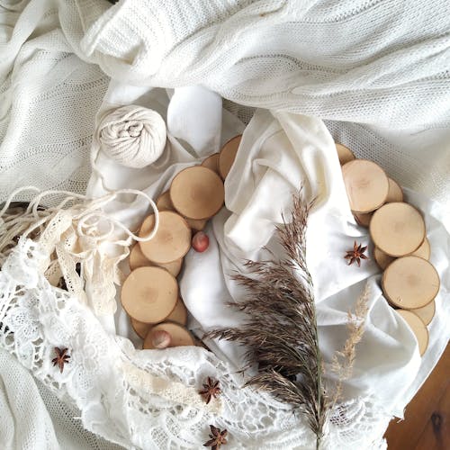 Wooden Wreath in White Knit Textiles 