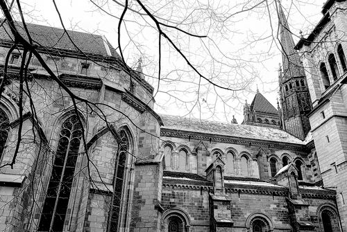 Free A gothic cathedral exterior in Geneva, Switzerland, captured in a striking grayscale tone. Stock Photo