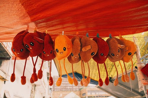 Collection of hanging colorful toys in daytime