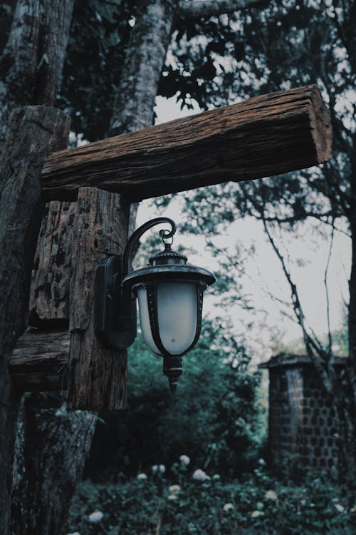 Free Weathered old metal lantern attached to wooden fence near green plants in daytime under gray sky Stock Photo