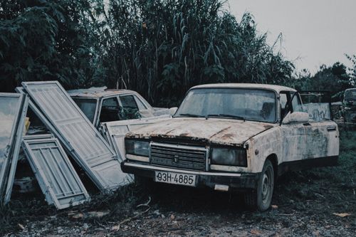 Free White vintage vehicles  parked on grassy ground near trees and bushes under gray cloudless sky in summer day Stock Photo