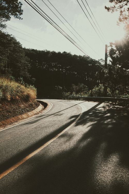 Free Picturesque scenery of empty asphalt route surrounded with green trees and grass under blue sky in summer sunny weather Stock Photo