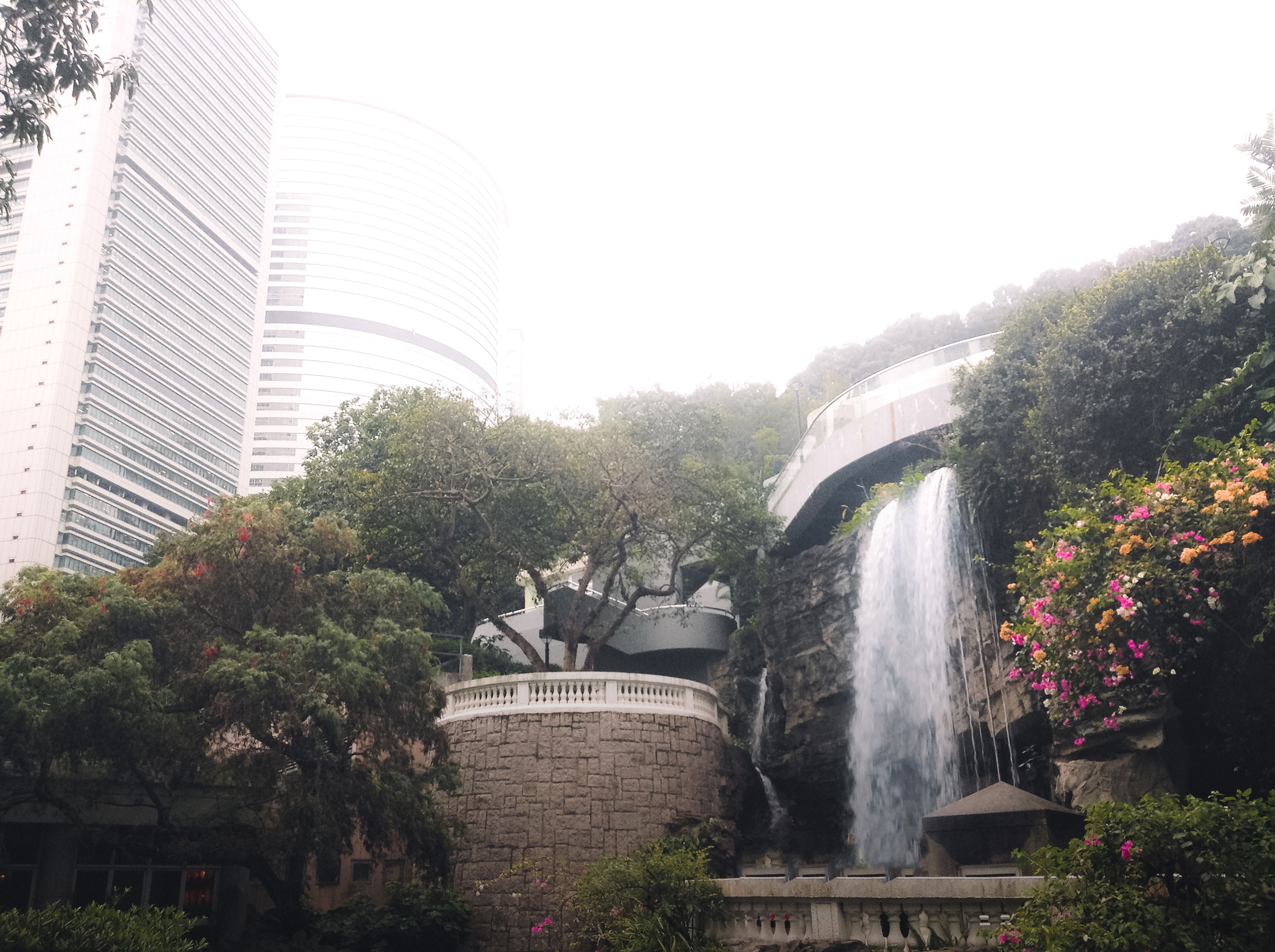 在香港的郁郁葱葱的绿色植物和摩天大楼之间，瀑布的壮丽景色格外引人注目