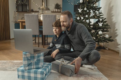 A Father and Son Video Calling at Christmas