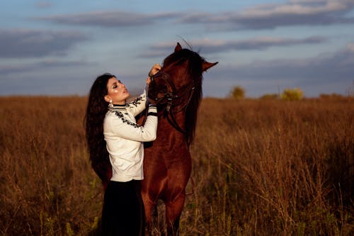 Free Woman caressing horse in grassy meadow in countryside Stock Photo