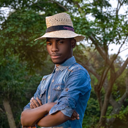 A Man in a Denim Shirt Wearing a Hat 